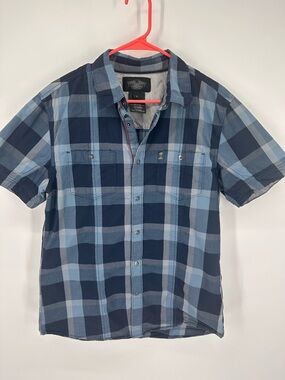 Men's Harley Davidson Blue Plaid Short Sleeve Button-Up Shirt Size Large